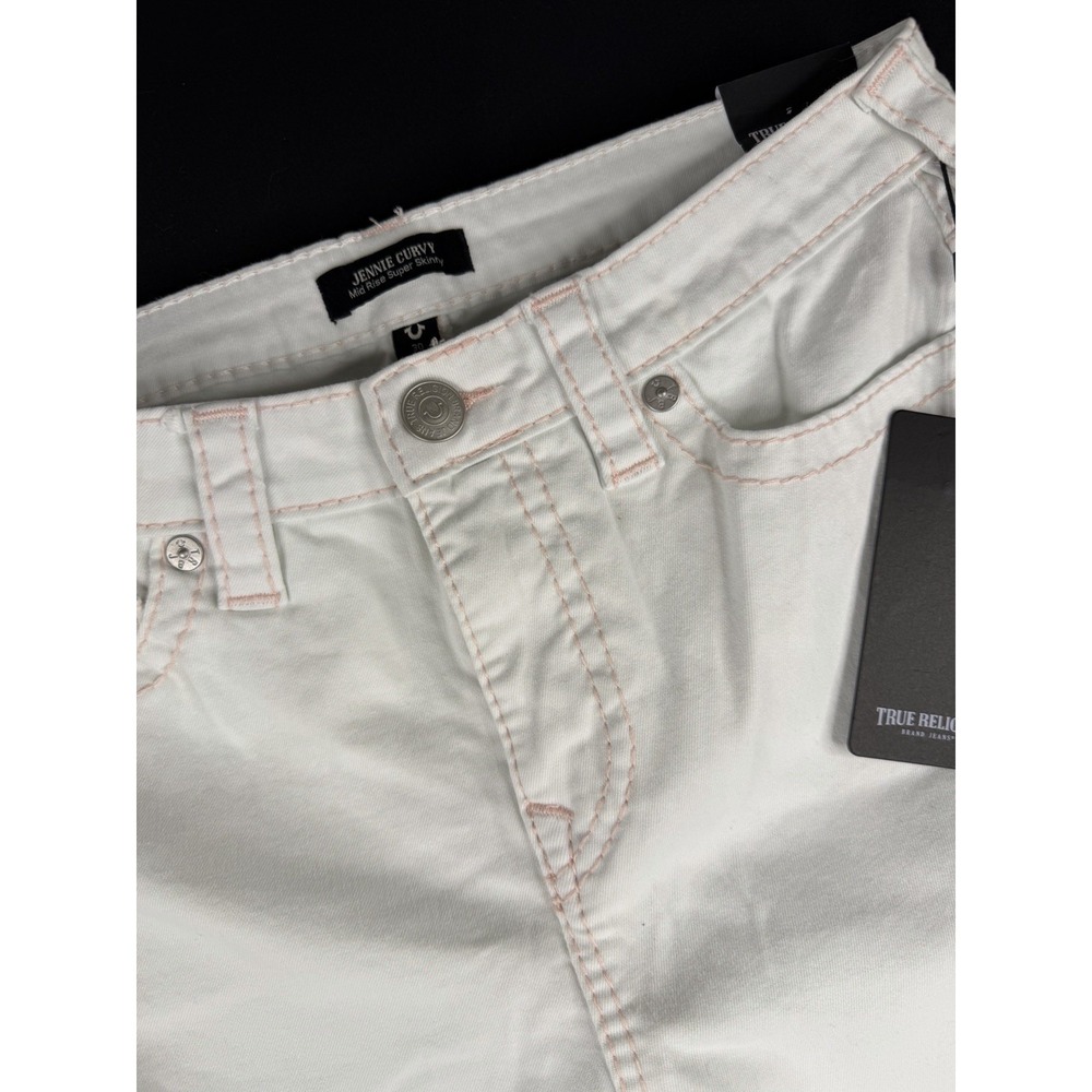 True Religion Jennie Curvy Mid Rise Super Skinny Jeans White Pink Stitch 30